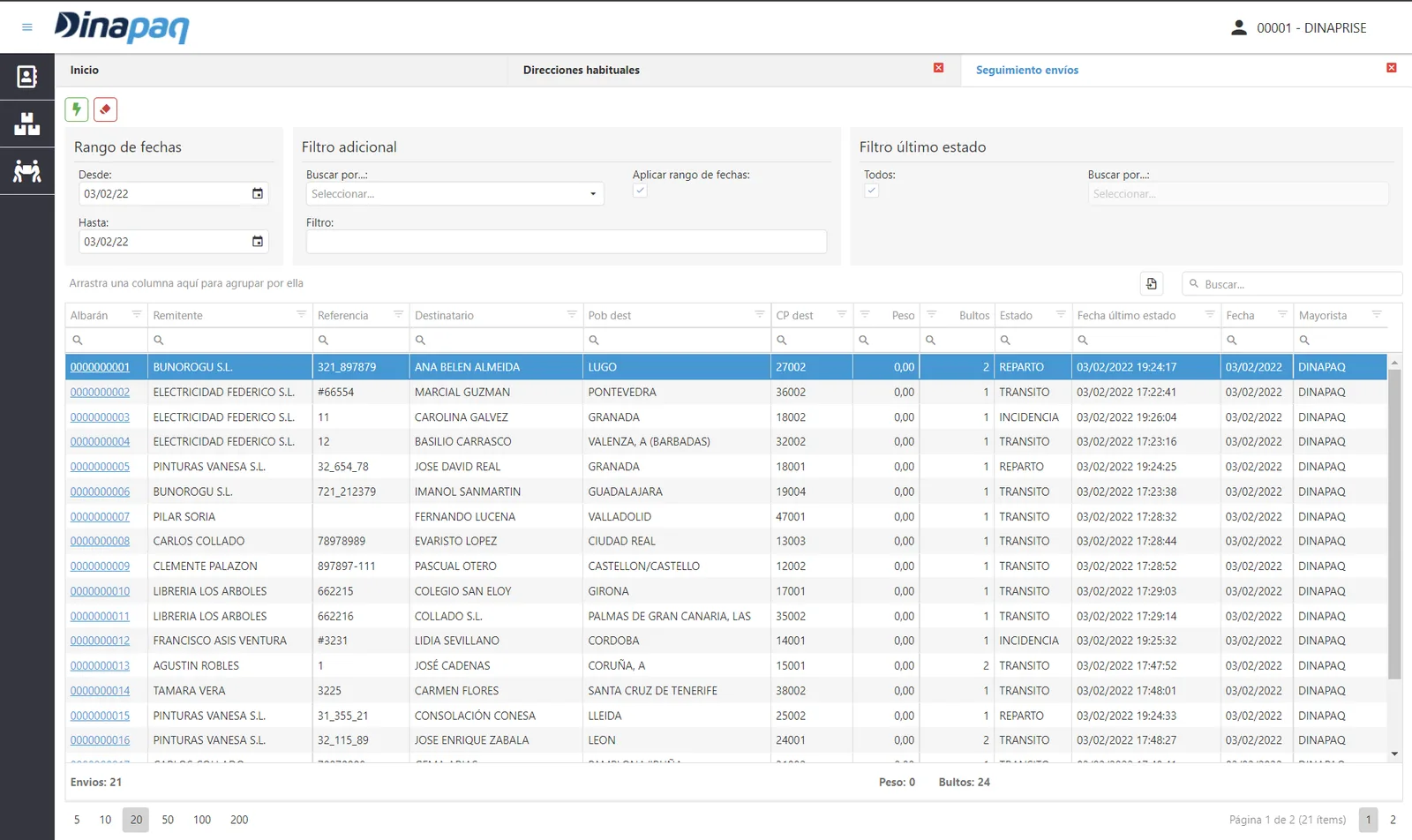 Aplicación web de DinaPaq: seguimiento de envíos